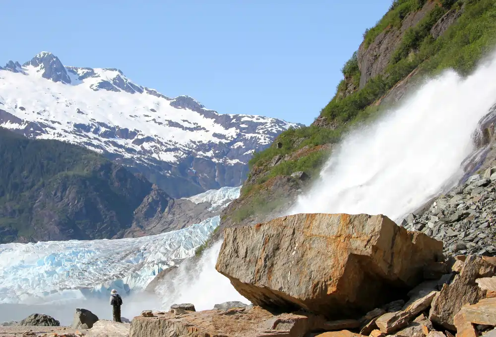Mendenhall Glacier and a waterfall